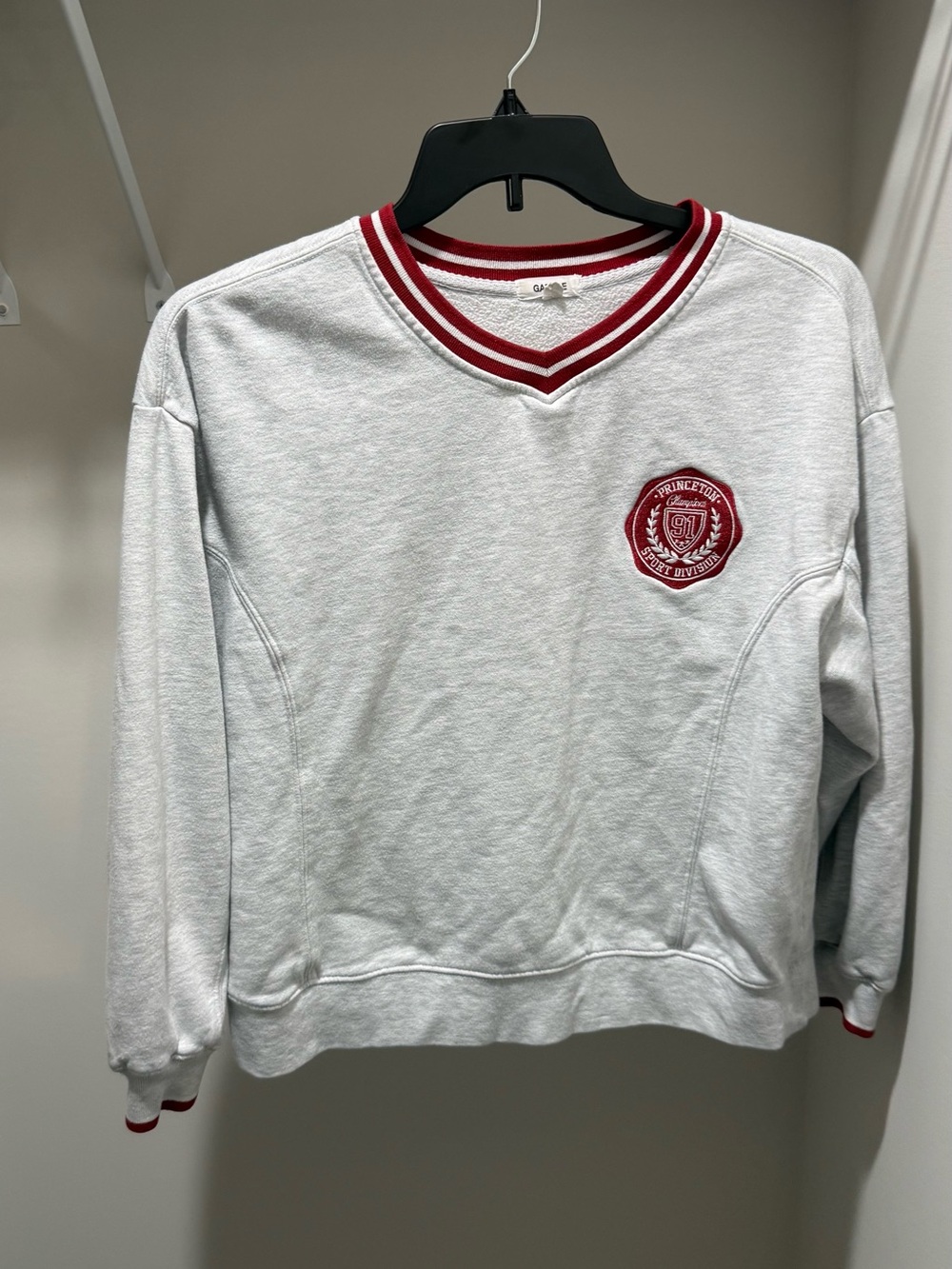Garage White V-Neck Sweatshirt with Red Trim and Crest